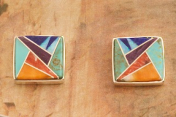 Navajo Artist Calvin Begay Genuine Spiny Oyster Shell Sterling Silver Post Earrings